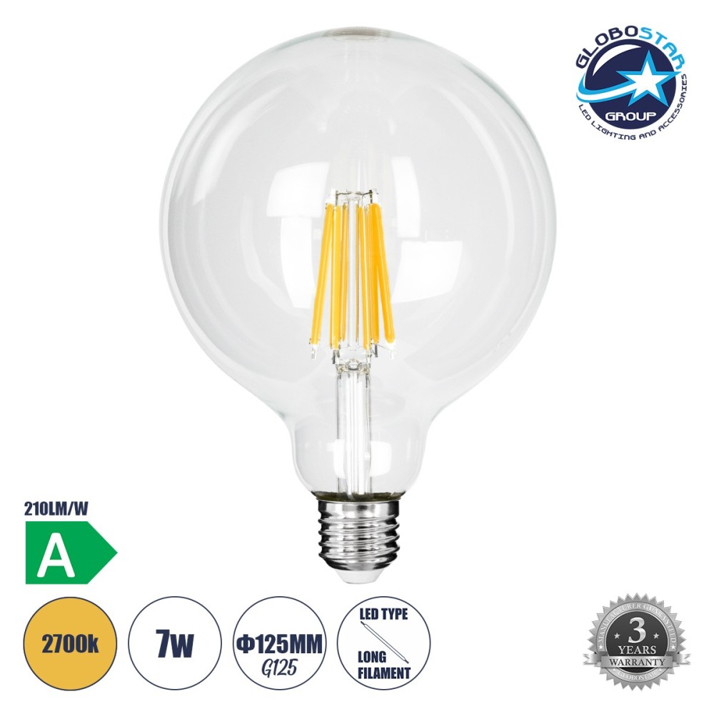 GLOBOSTAR® BUBBLE 99089 Λάμπα E27 G125 LED 7W 1470lm 360° AC 220-240V IP20 Θερμό Λευκό 2700K - Long Filament Chip - Διάφανο - Μ12.5 x Π12.5 x Υ13.8cm - 3 Χρόνια Εγγύηση